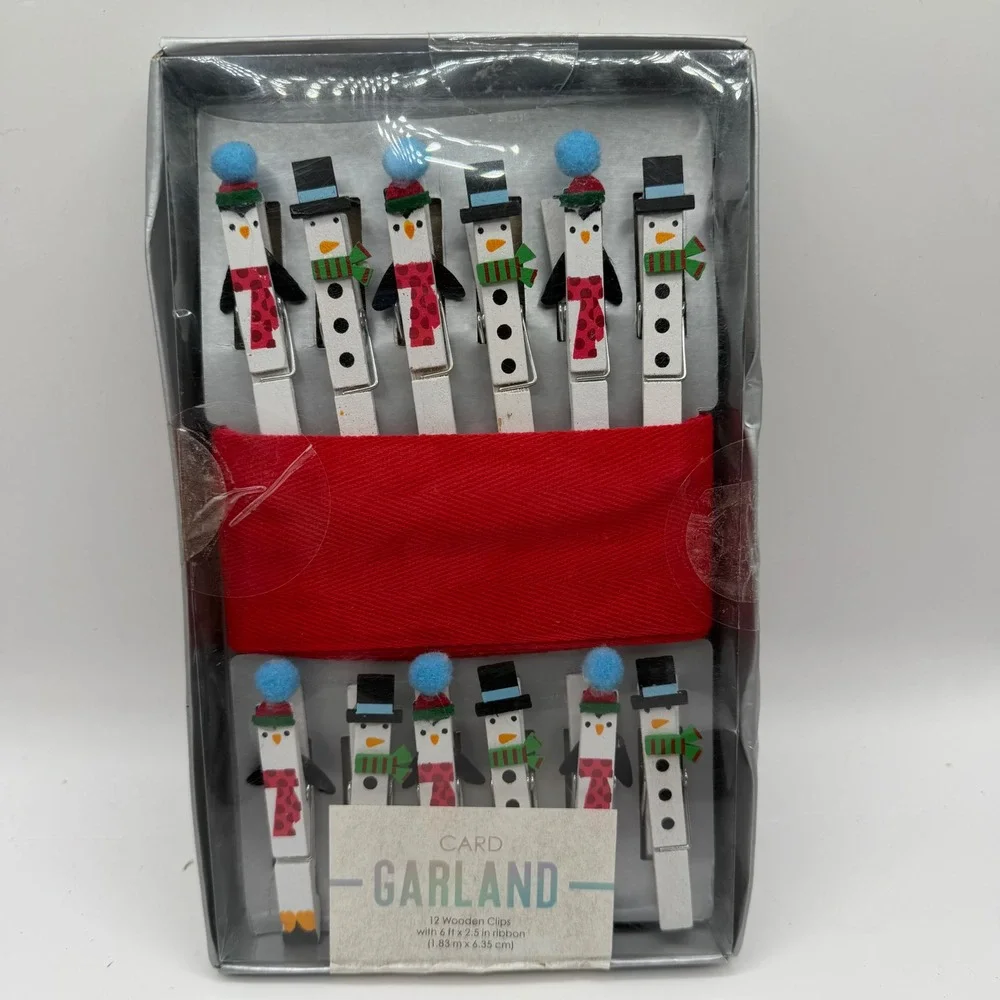Design Focus Christmas Card Garland 12 Wooden Snowman Penguin Clips 6ft Ribbon